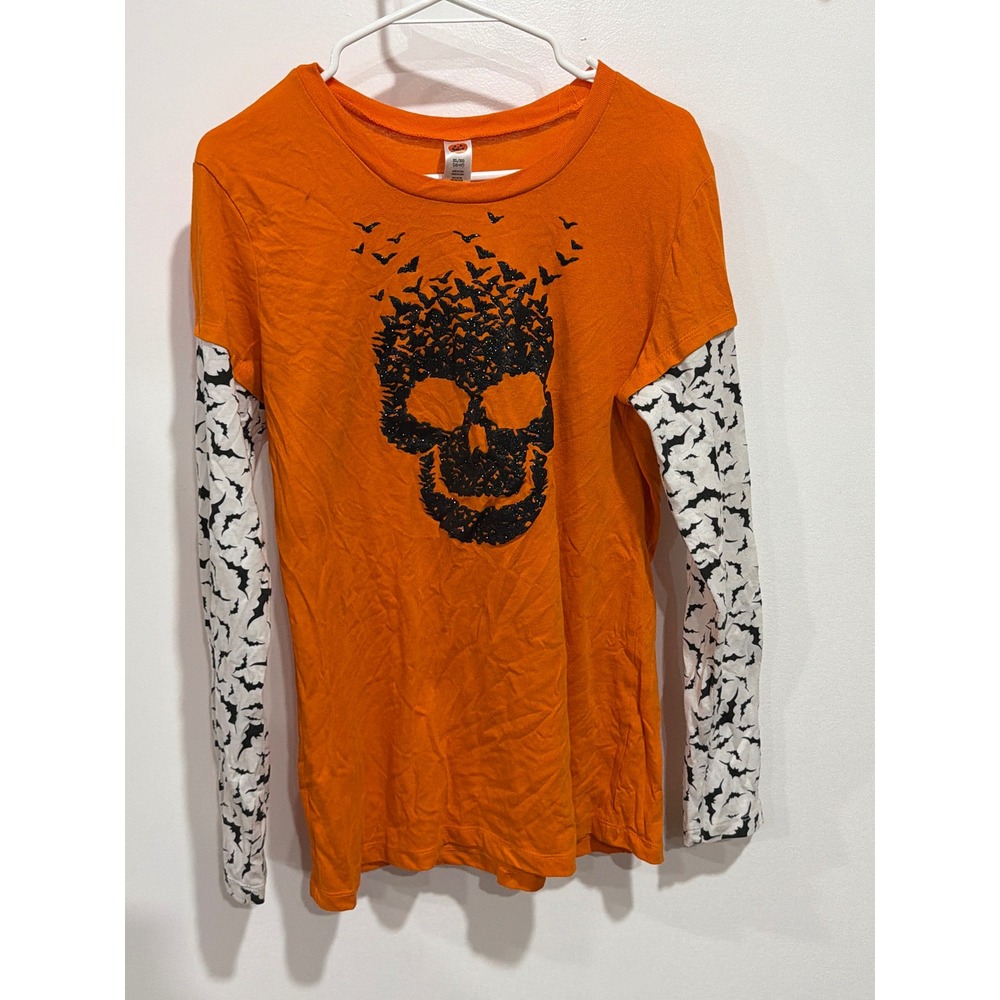 Orange Halloween Skull Bat Glitter Double Layer LS T XL Goth Horror October Y2K